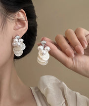 Elegant White Sterling Silver Alloy Shell Pearl Tassel Stud Earrings