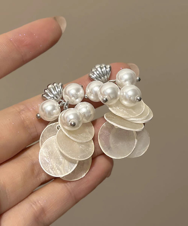 Elegant White Sterling Silver Alloy Shell Pearl Tassel Stud Earrings