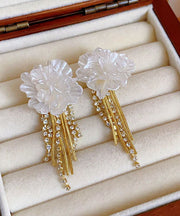 Elegant White Sterling Silver Overgild Floral Tassel Drop Earrings
