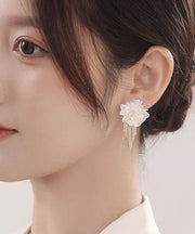 Elegant White Sterling Silver Overgild Floral Tassel Drop Earrings
