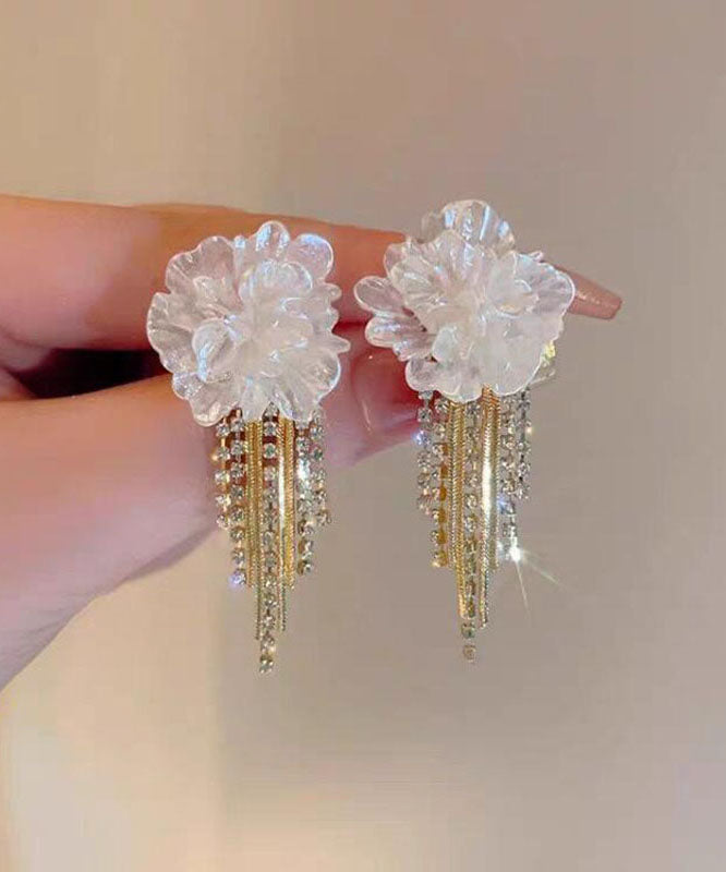 Elegant White Sterling Silver Overgild Floral Tassel Drop Earrings