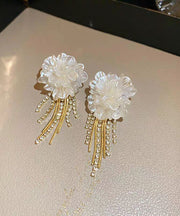 Elegant White Sterling Silver Overgild Floral Tassel Drop Earrings