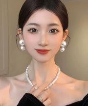 Elegant White Sterling Silver Overgild Pearl Stud Earrings