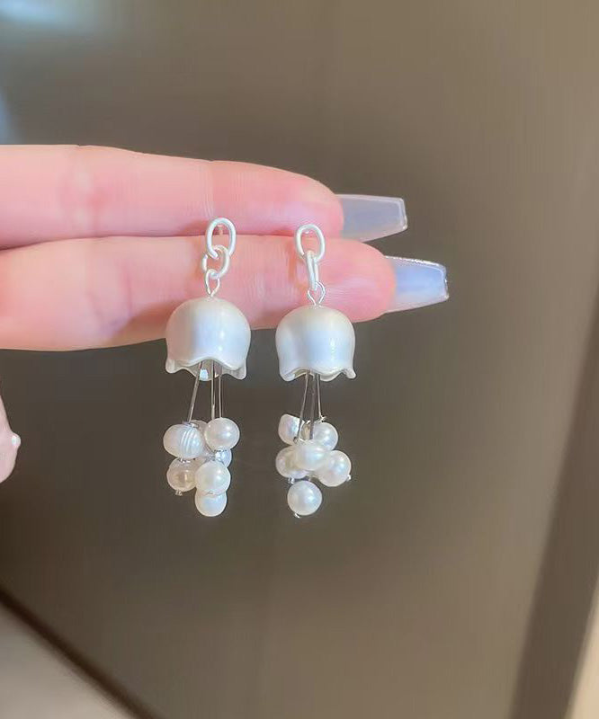 Elegant White Sterling Silver Pearl Lily Of The Valley Tassel Drop Earrings