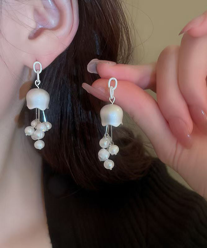 Elegant White Sterling Silver Pearl Lily Of The Valley Tassel Drop Earrings