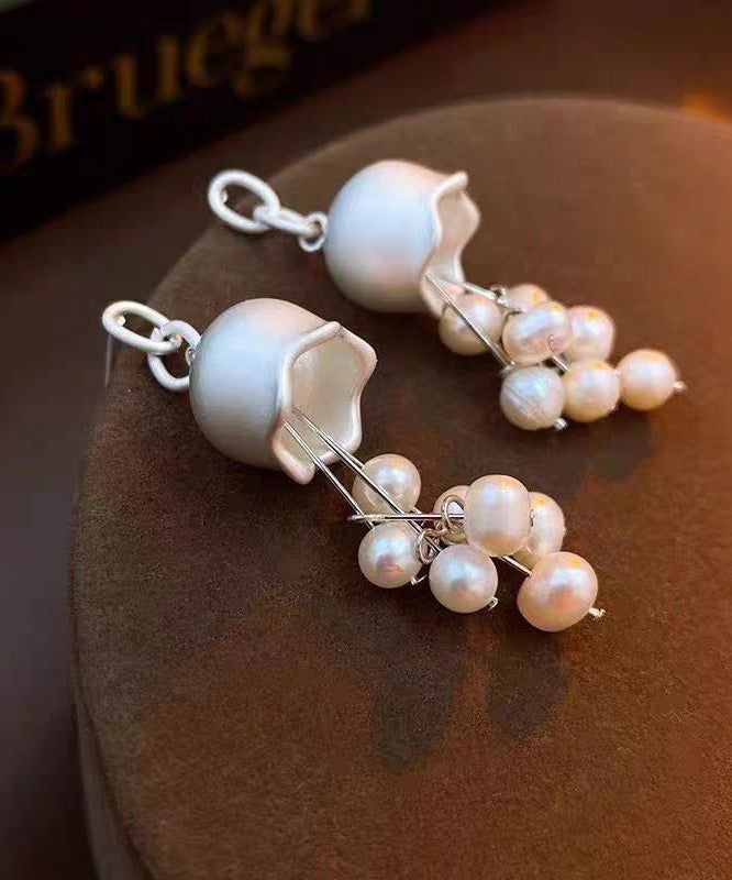 Elegant White Sterling Silver Pearl Lily Of The Valley Tassel Drop Earrings