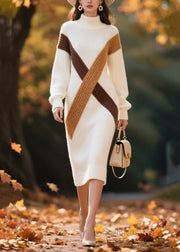 Elegant White Turtle Neck Patchwork Warm Sweater Dress Winter