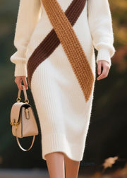 Elegant White Turtle Neck Patchwork Warm Sweater Dress Winter