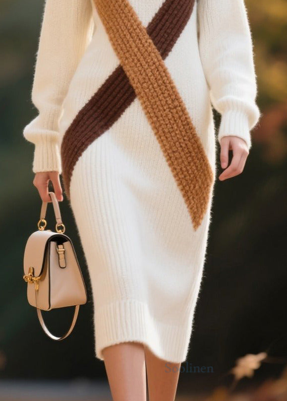 Elegant White Turtle Neck Patchwork Warm Sweater Dress Winter