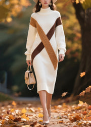 Elegant White Turtle Neck Patchwork Warm Sweater Dress Winter