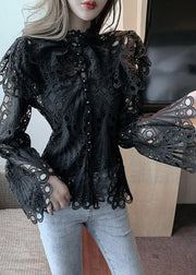 Elegant White Turtleneck Embroidered Lace Shirts Flare Sleeve