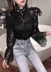 Elegant White Turtleneck Embroidered Lace Shirts Flare Sleeve