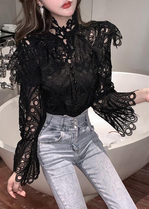 Elegant White Turtleneck Embroidered Lace Shirts Flare Sleeve
