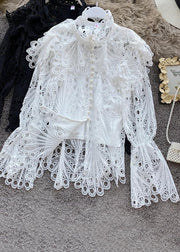 Elegant White Turtleneck Embroidered Lace Shirts Flare Sleeve