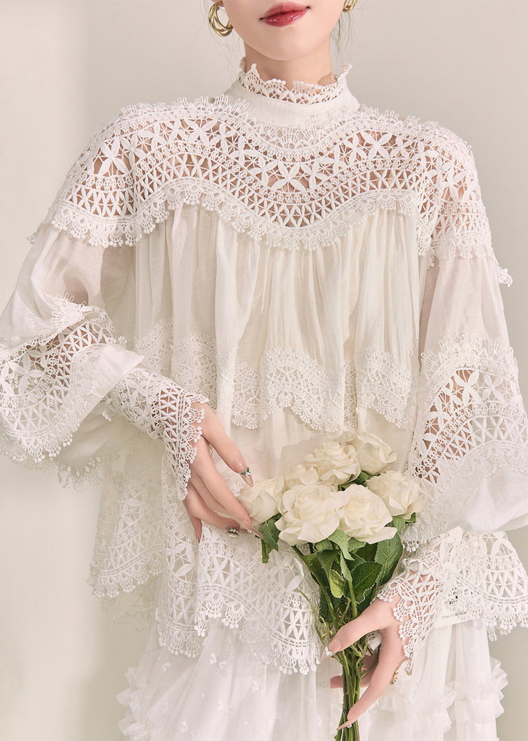 Elegant White Turtleneck Hollow Out Lace Top Fall