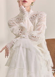 Elegant White Turtleneck Hollow Out Lace Top Fall