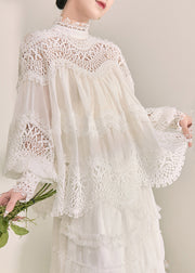 Elegant White Turtleneck Hollow Out Lace Top Fall
