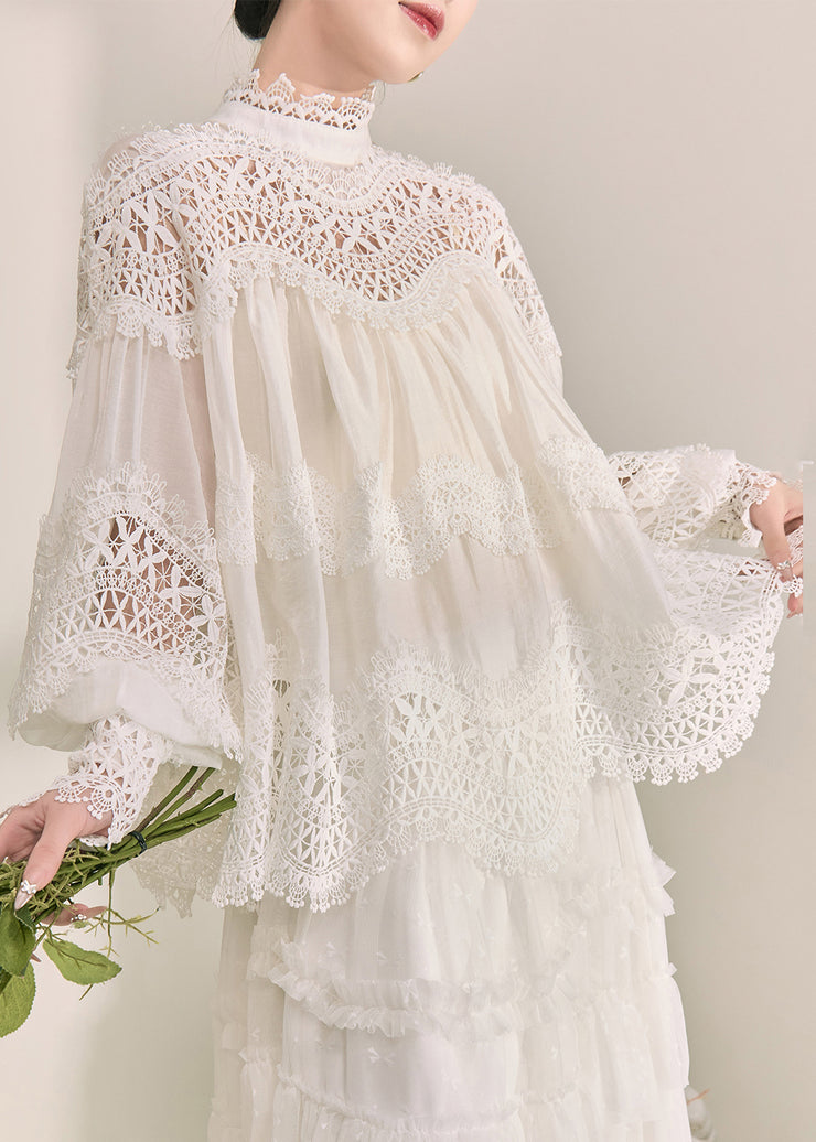 Elegant White Turtleneck Hollow Out Lace Top Fall