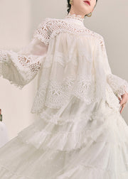 Elegant White Turtleneck Hollow Out Lace Top Fall