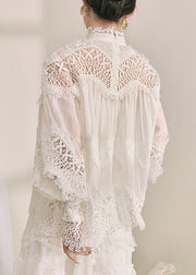 Elegant White Turtleneck Hollow Out Lace Top Fall