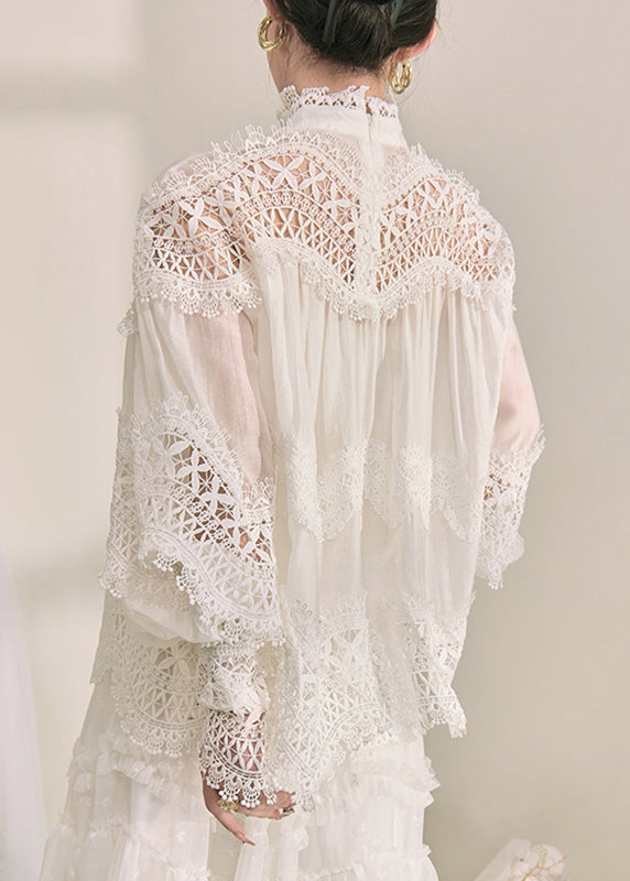 Elegant White Turtleneck Hollow Out Lace Top Fall