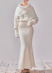Elegant White Turtleneck Patchwork Cotton Knit Sweater And Maxi Dress Two-Piece Set Fall