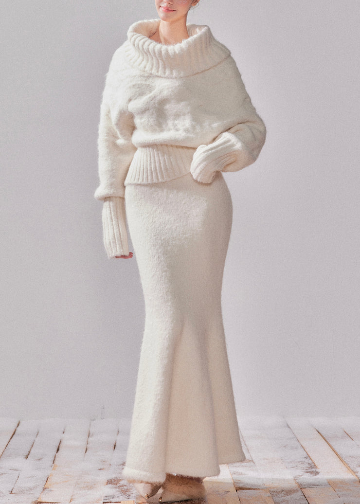 Elegant White Turtleneck Patchwork Cotton Knit Sweater And Maxi Dress Two-Piece Set Fall