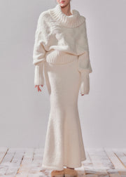 Elegant White Turtleneck Patchwork Cotton Knit Sweater And Maxi Dress Two-Piece Set Fall