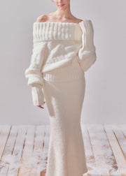Elegant White Turtleneck Patchwork Cotton Knit Sweater And Maxi Dress Two-Piece Set Fall