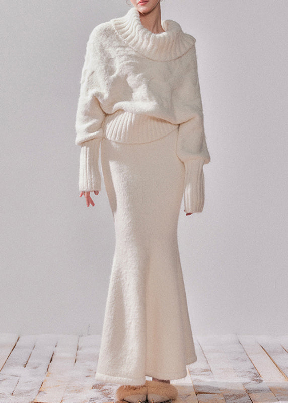 Elegant White Turtleneck Patchwork Cotton Knit Sweater And Maxi Dress Two-Piece Set Fall