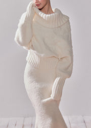 Elegant White Turtleneck Patchwork Cotton Knit Sweater And Maxi Dress Two-Piece Set Fall