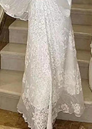 Elegant White V Neck Embroidered Cotton Maxi Dresses Batwing Sleeve