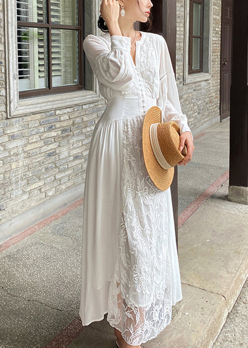 Elegant White V Neck Embroidered Lace Up Cotton Long Dresses Fall