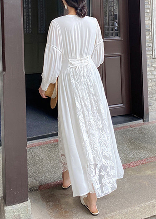 Elegant White V Neck Embroidered Lace Up Cotton Long Dresses Fall
