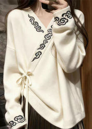 Elegant White V Neck Embroidered Lace Up Knit Sweaters Fall