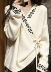 Elegant White V Neck Embroidered Lace Up Knit Sweaters Fall