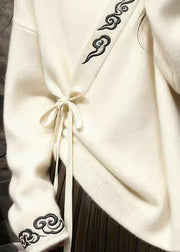 Elegant White V Neck Embroidered Lace Up Knit Sweaters Fall