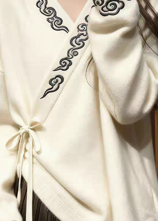 Elegant White V Neck Embroidered Lace Up Knit Sweaters Fall