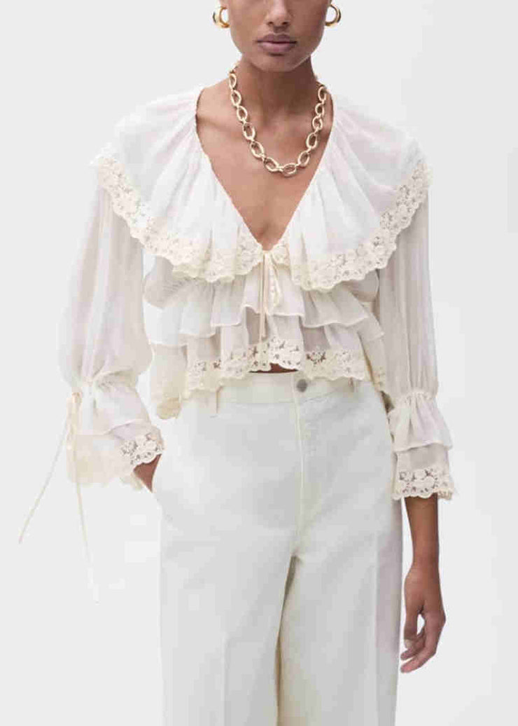 Elegant White V Neck Lace Patchwork Chiffon Fall