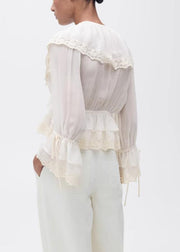 Elegant White V Neck Lace Patchwork Chiffon Fall
