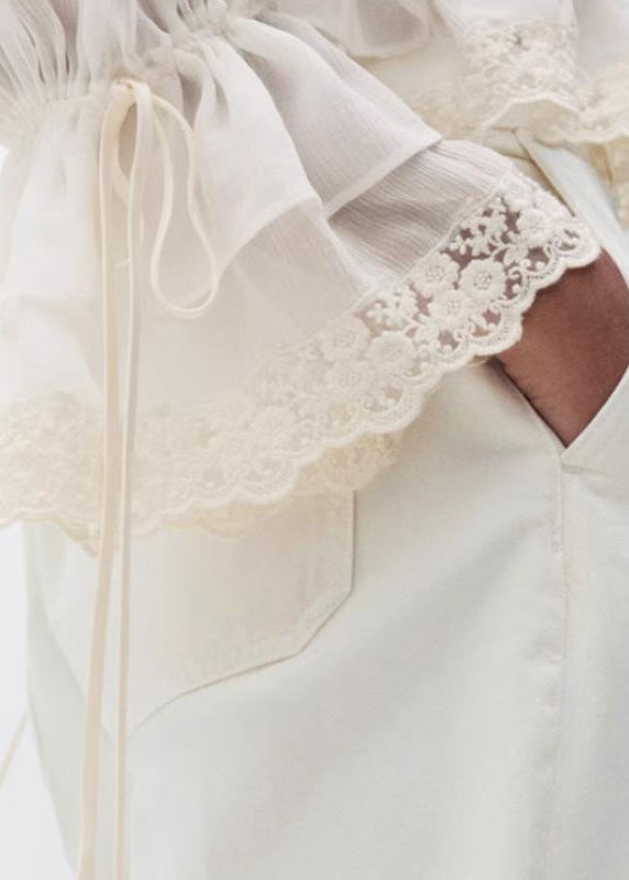 Elegant White V Neck Lace Patchwork Chiffon Fall