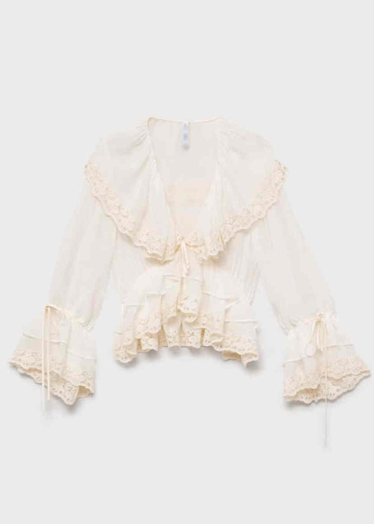 Elegant White V Neck Lace Patchwork Chiffon Fall