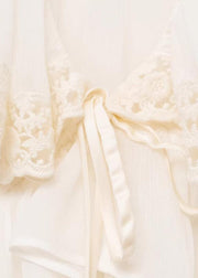 Elegant White V Neck Lace Patchwork Chiffon Fall