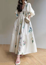 Elegant White V Neck Print Lace Up Cotton Dress Lantern Sleeve