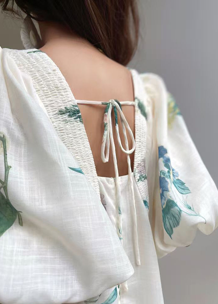 Elegant White V Neck Print Lace Up Cotton Dress Lantern Sleeve