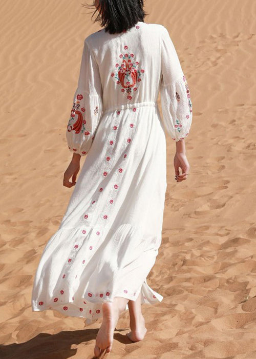 Elegant White V Neck Print Tie Waist Cotton Shirts Dresses Spring