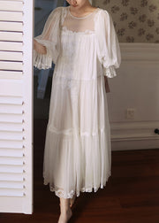 Elegant White Wrinkled Lace Patchwork Tulle Pajamas Dresses Half Sleeve