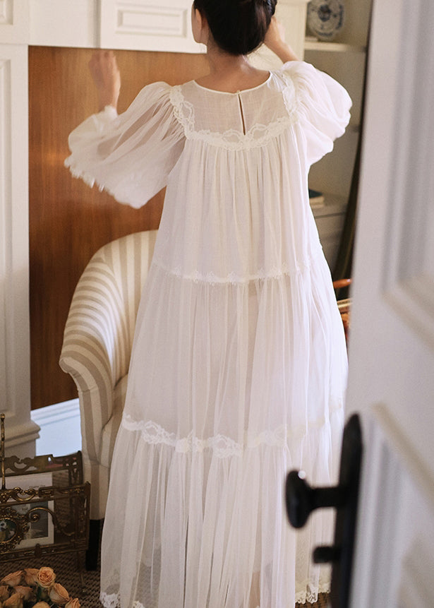 Elegant White Wrinkled Lace Patchwork Tulle Pajamas Dresses Half Sleeve