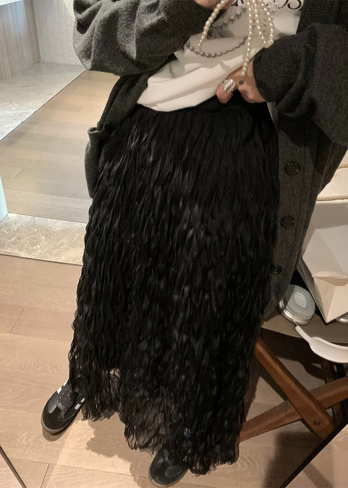 Elegant White Wrinkled Solid Elastic Waist Tulle Skirt Fall