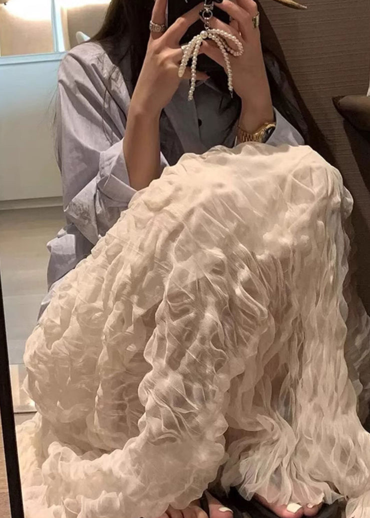 Elegant White Wrinkled Solid Elastic Waist Tulle Skirt Fall